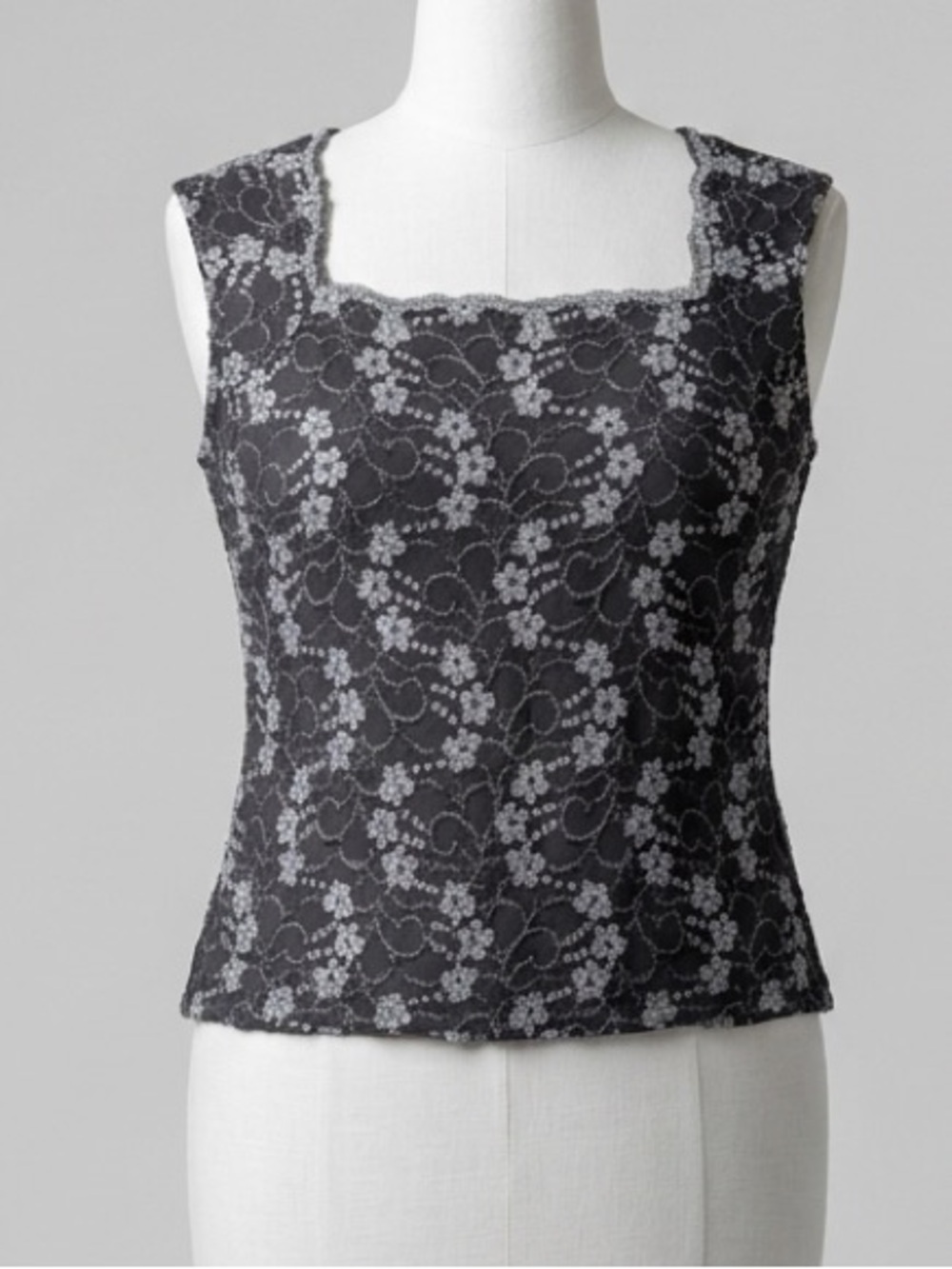 Gantos Vintage 90s Y2K Gray and Silver Metallic Floral Lace Square Neck Top M